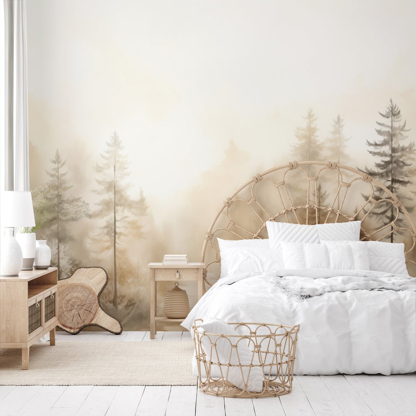 Fototapeta artystyczna o nazwie GLOWING MIST FOREST PATH MURAL pokazana w aranżacji wnętrza.