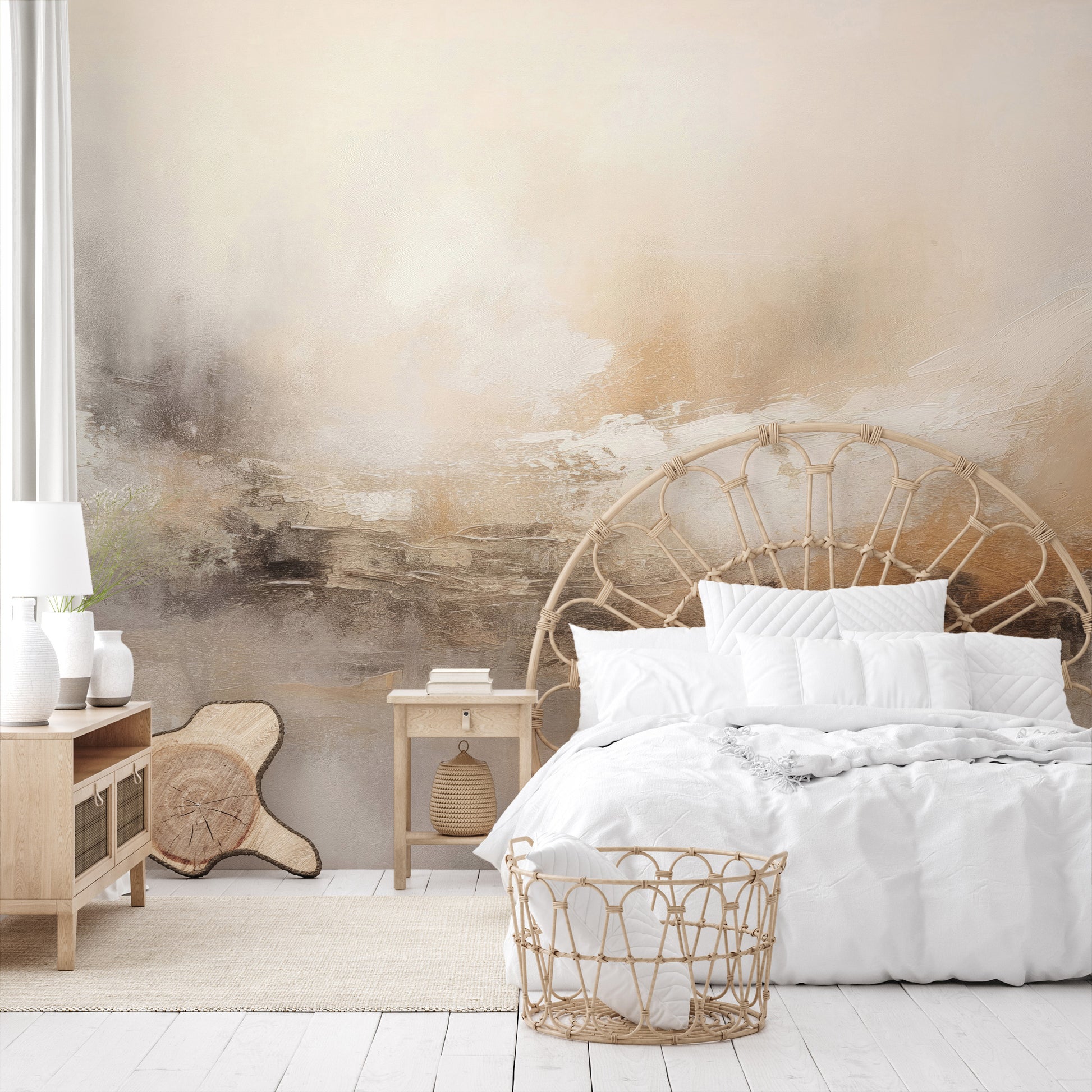 Wzór fototapety malowanej o nazwie ECHOES OF DAWN pokazanej w aranżacji wnętrza.