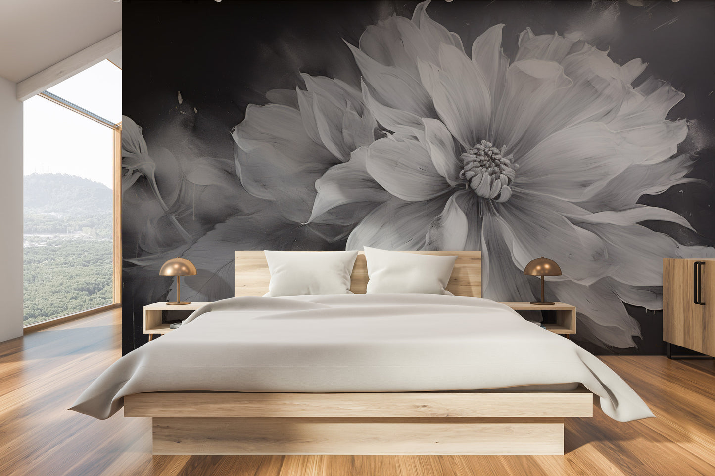 Fototapeta artystyczna o nazwie NOIR FLORALE pokazana w aranżacji wnętrza.