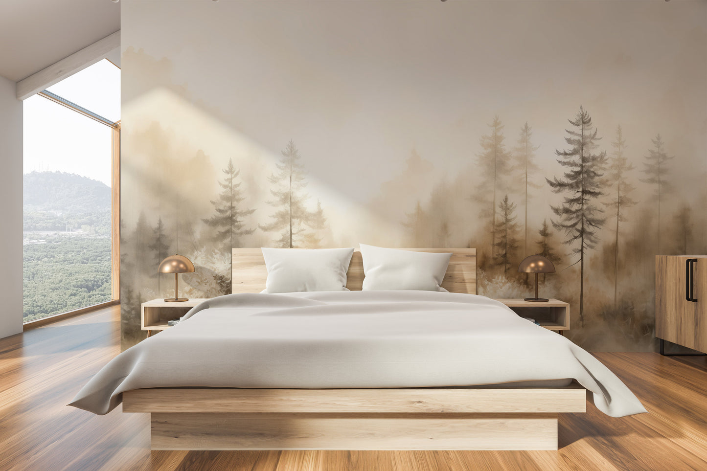 Wzór fototapety artystycznej o nazwie GLOWING MIST FOREST PATH MURAL pokazanej w aranżacji wnętrza.