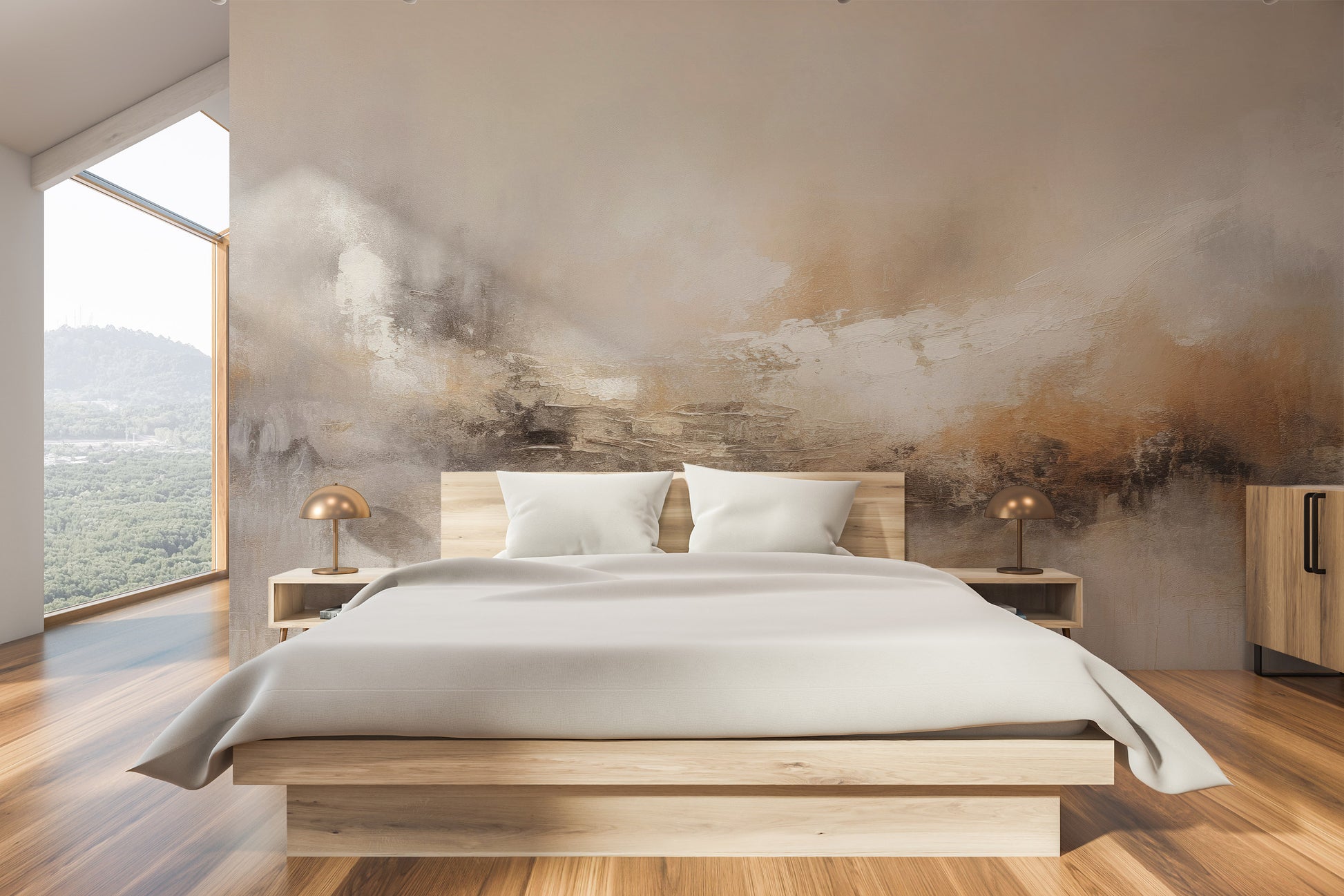 Wzór fototapety artystycznej o nazwie ECHOES OF DAWN pokazanej w aranżacji wnętrza.