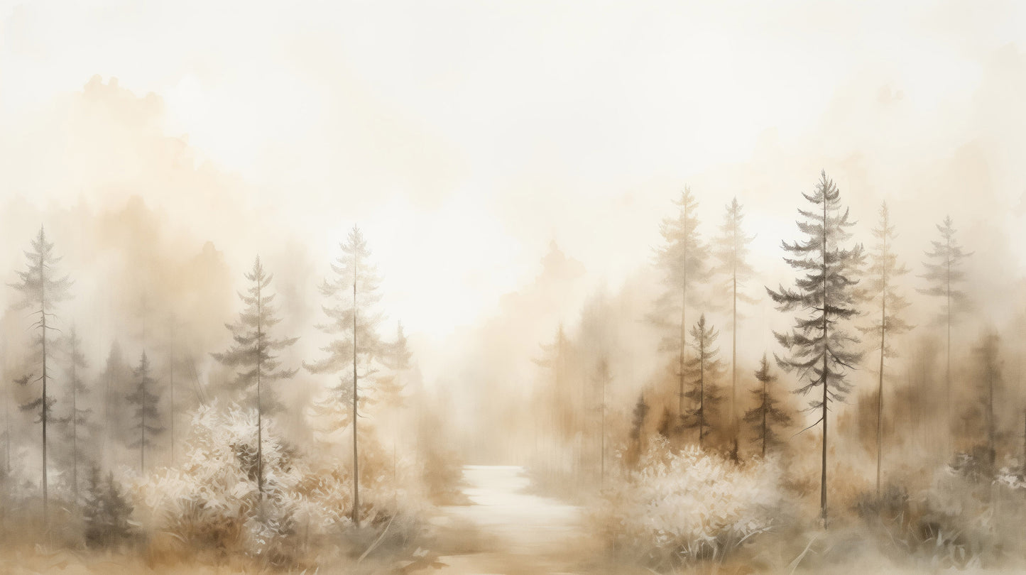 Prezentacja całego wzoru fototapety o nazwie GLOWING MIST FOREST PATH MURAL