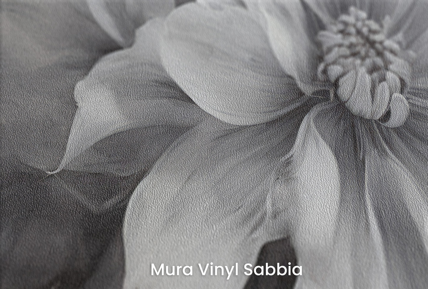 Zbliżenie na artystyczną fototapetę o nazwie NOIR FLORALE na podłożu Mura Vinyl Sabbia struktura grubego ziarna piasku.