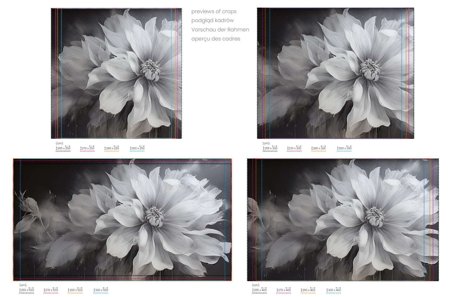 Na obrazie znajduje się prezentacja przykładowych rozmiarów fototapety o nazwie NOIR FLORALE. Rozmiar fototapety jest dowolny.