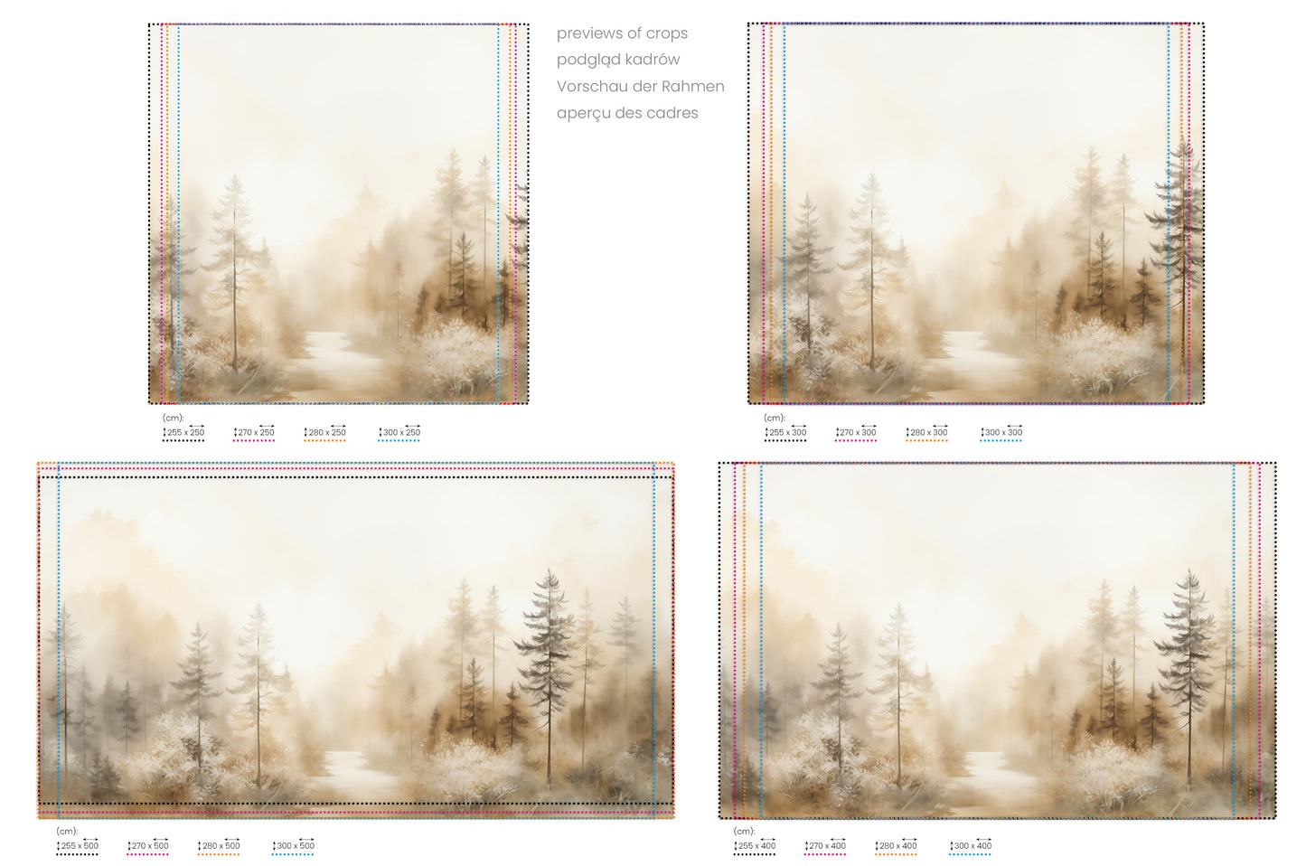 Na obrazie znajduje się prezentacja przykładowych rozmiarów fototapety o nazwie GLOWING MIST FOREST PATH MURAL. Rozmiar fototapety jest dowolny.