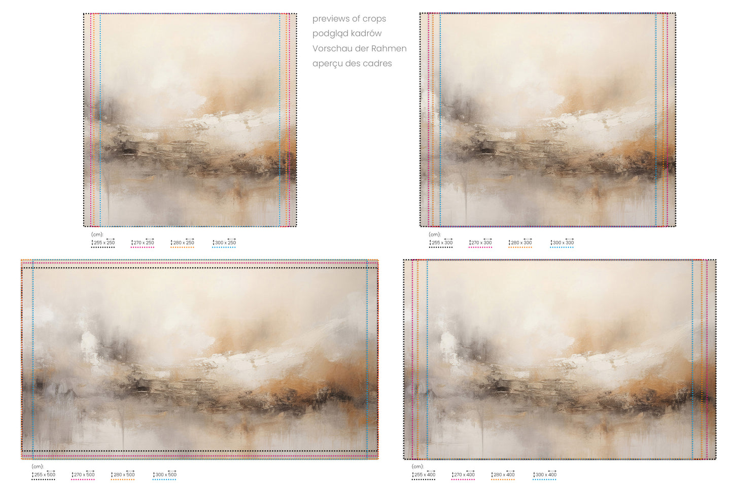 Na obrazie znajduje się prezentacja przykładowych rozmiarów fototapety o nazwie ECHOES OF DAWN. Rozmiar fototapety jest dowolny.