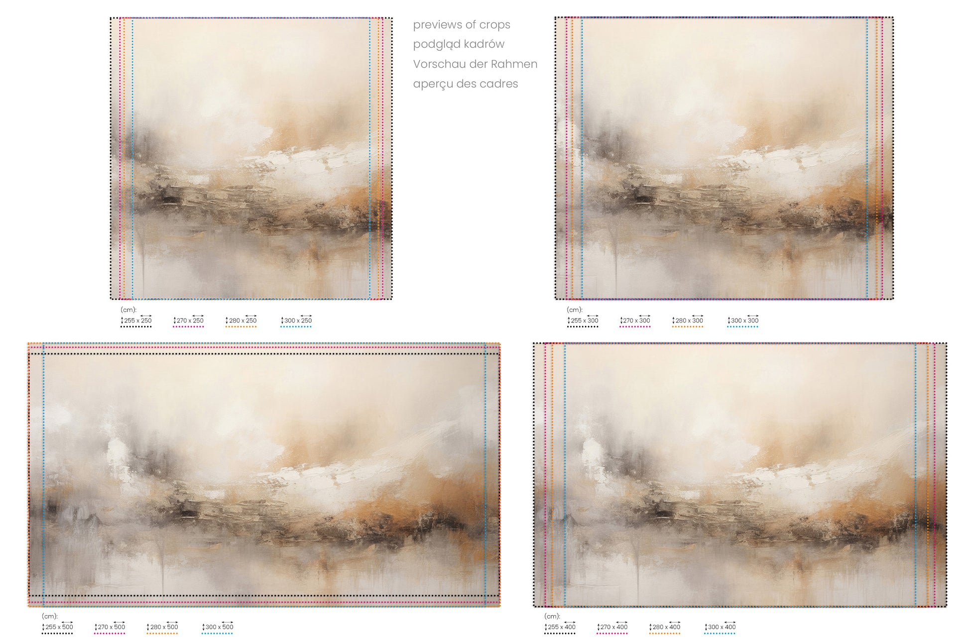 Na obrazie znajduje się prezentacja przykładowych rozmiarów fototapety o nazwie ECHOES OF DAWN. Rozmiar fototapety jest dowolny.