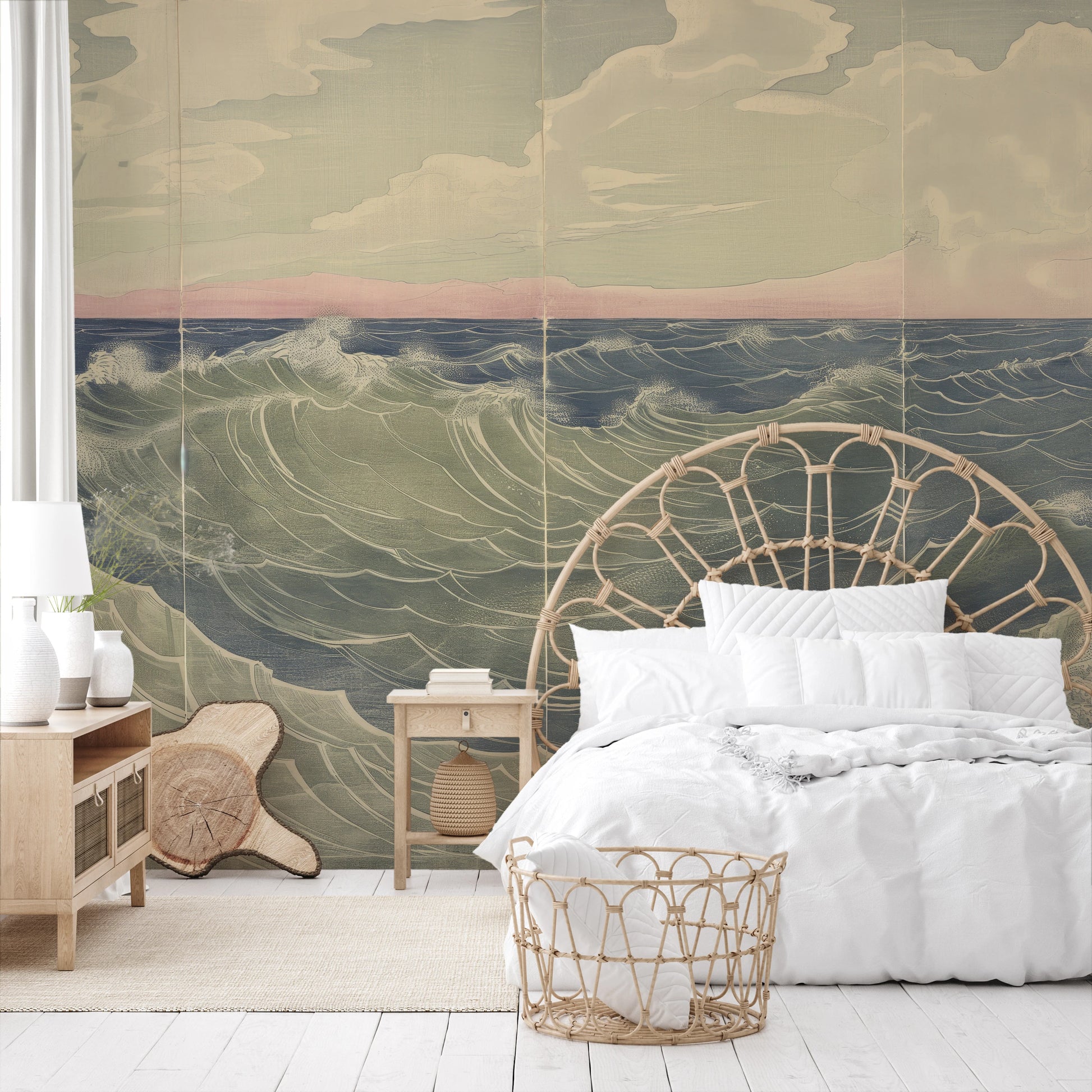 Wzór fototapety o nazwie Soft Ocean Whisper pokazanej w kontekście pomieszczenia.