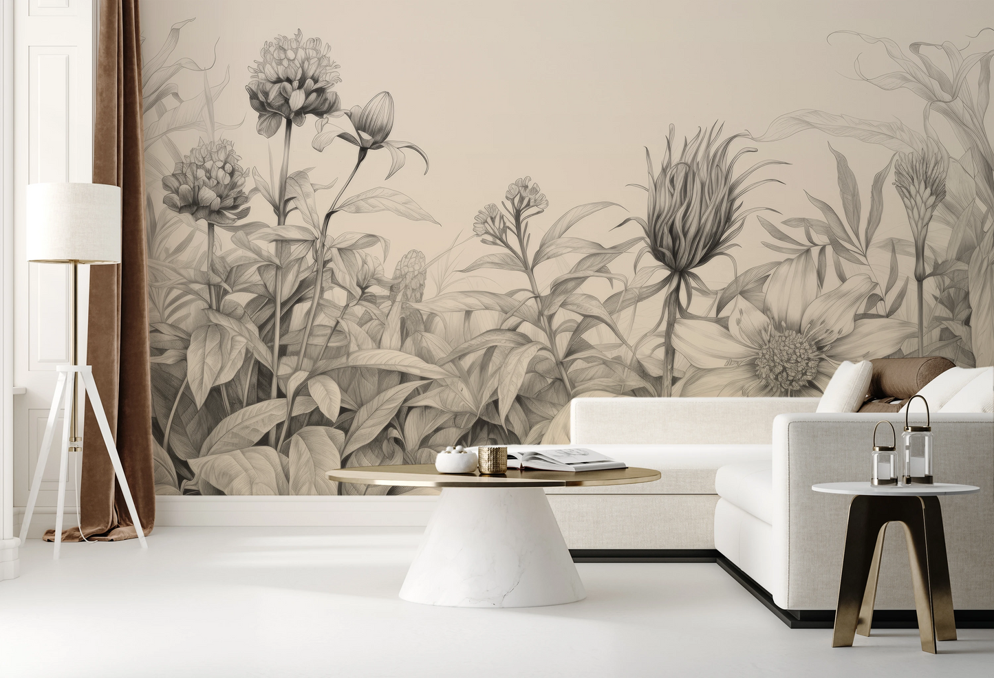 Wzór fototapety artystycznej o nazwie Wild Blossoms pokazanej w aranżacji wnętrza.