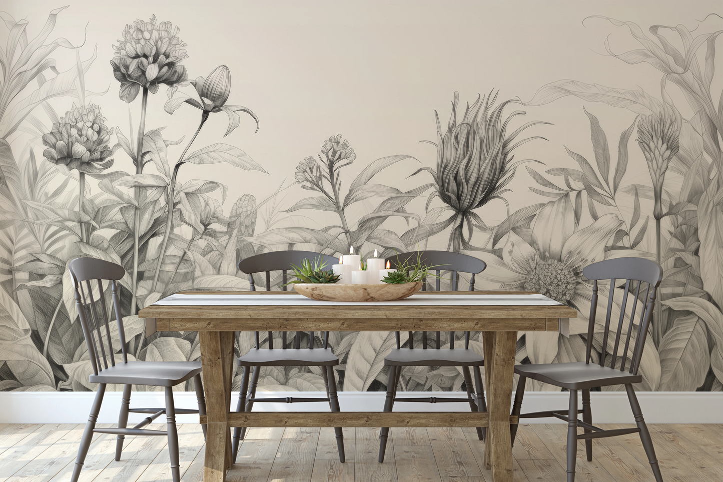 Zdjęcie prezentuje aranżację wnętrza z użyciem fototapety o nazwie Wild Blossoms pokazanej w aranżacji wnętrza.