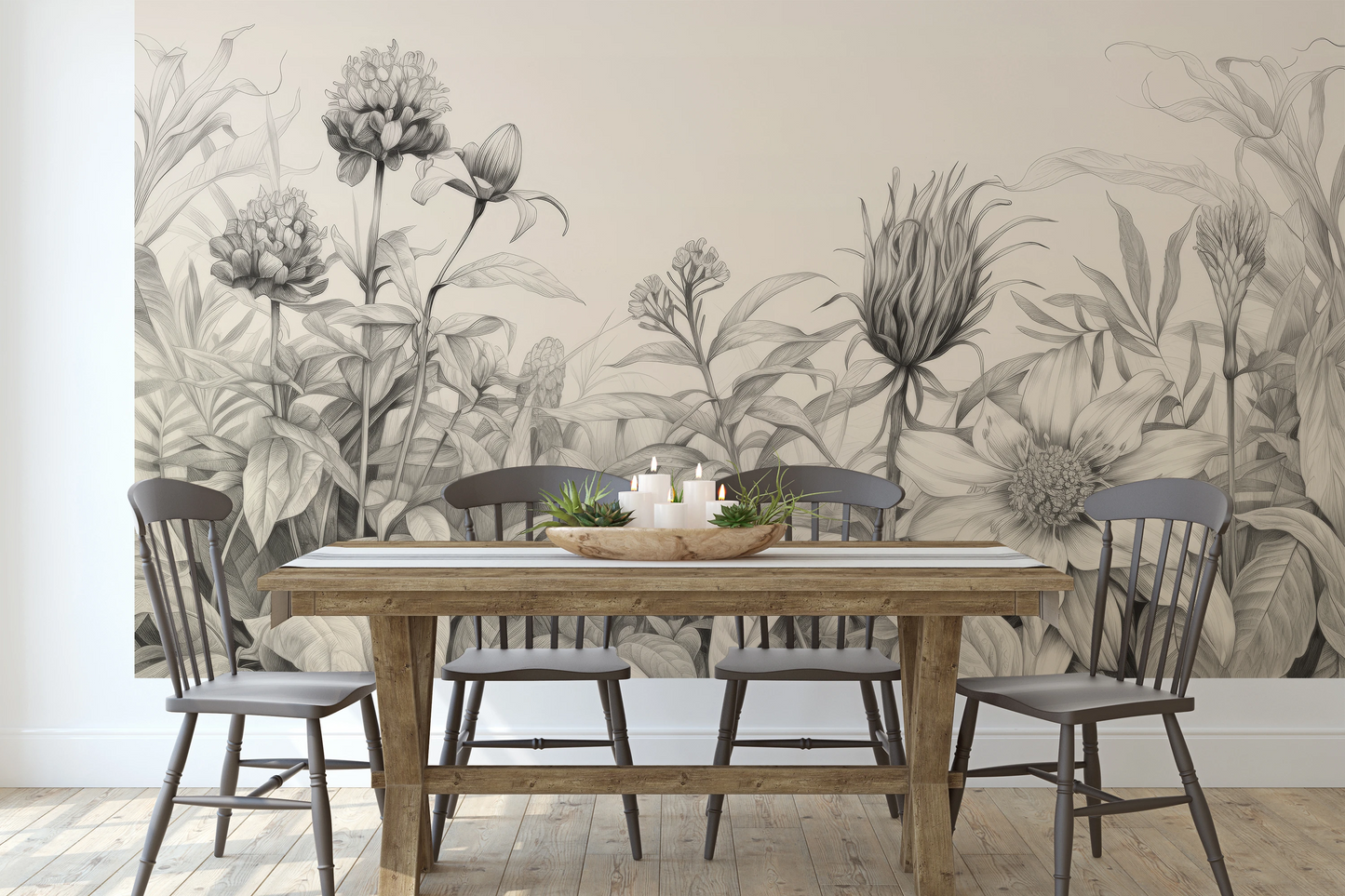 Wzór fototapety artystycznej o nazwie Wild Blossoms pokazanej w aranżacji wnętrza.