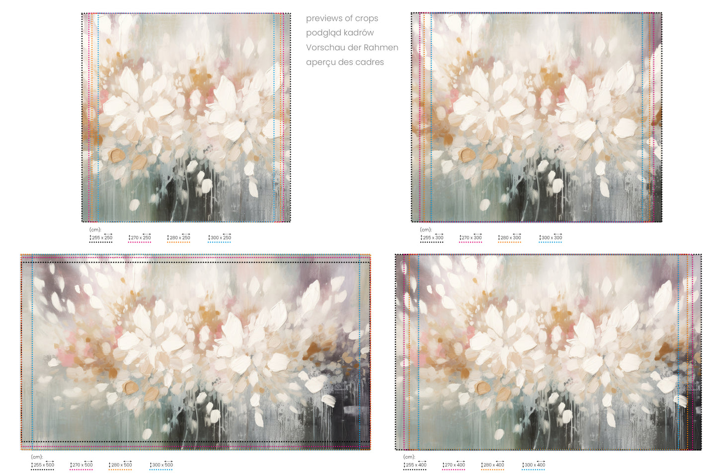 Na obrazie znajduje się prezentacja przykładowych rozmiarów fototapety o nazwie Luminous Bloom Haze. Rozmiar fototapety jest dowolny.