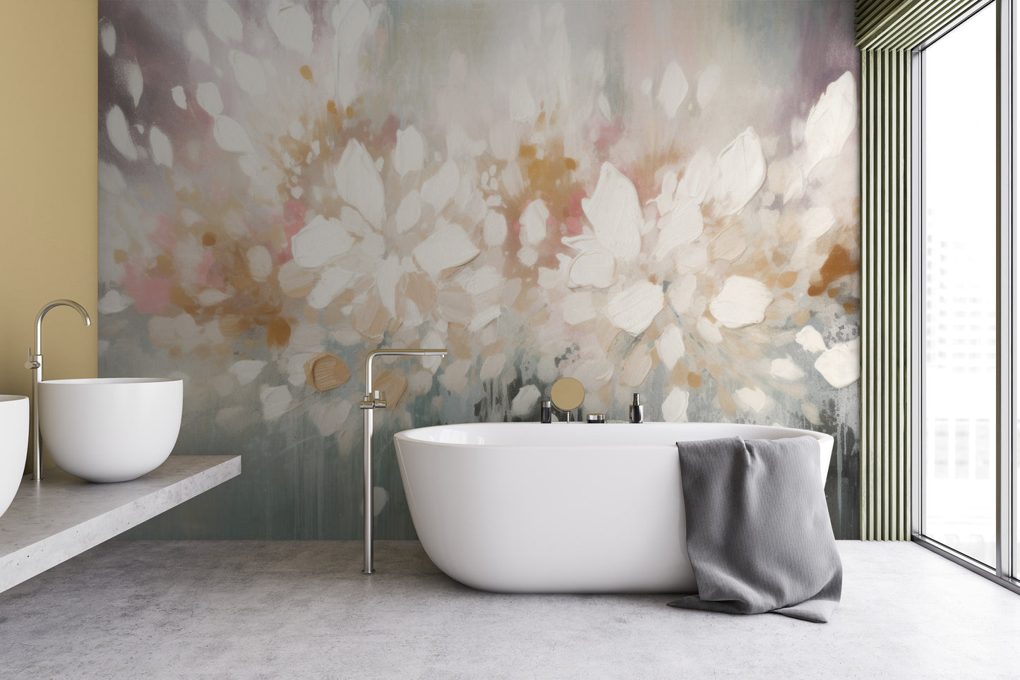 Wzór fototapety artystycznej o nazwie Luminous Bloom Haze pokazanej w aranżacji wnętrza.