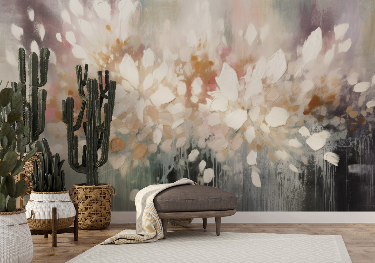 Fototapeta artystyczna o nazwie Luminous Bloom Haze pokazana w aranżacji wnętrza.