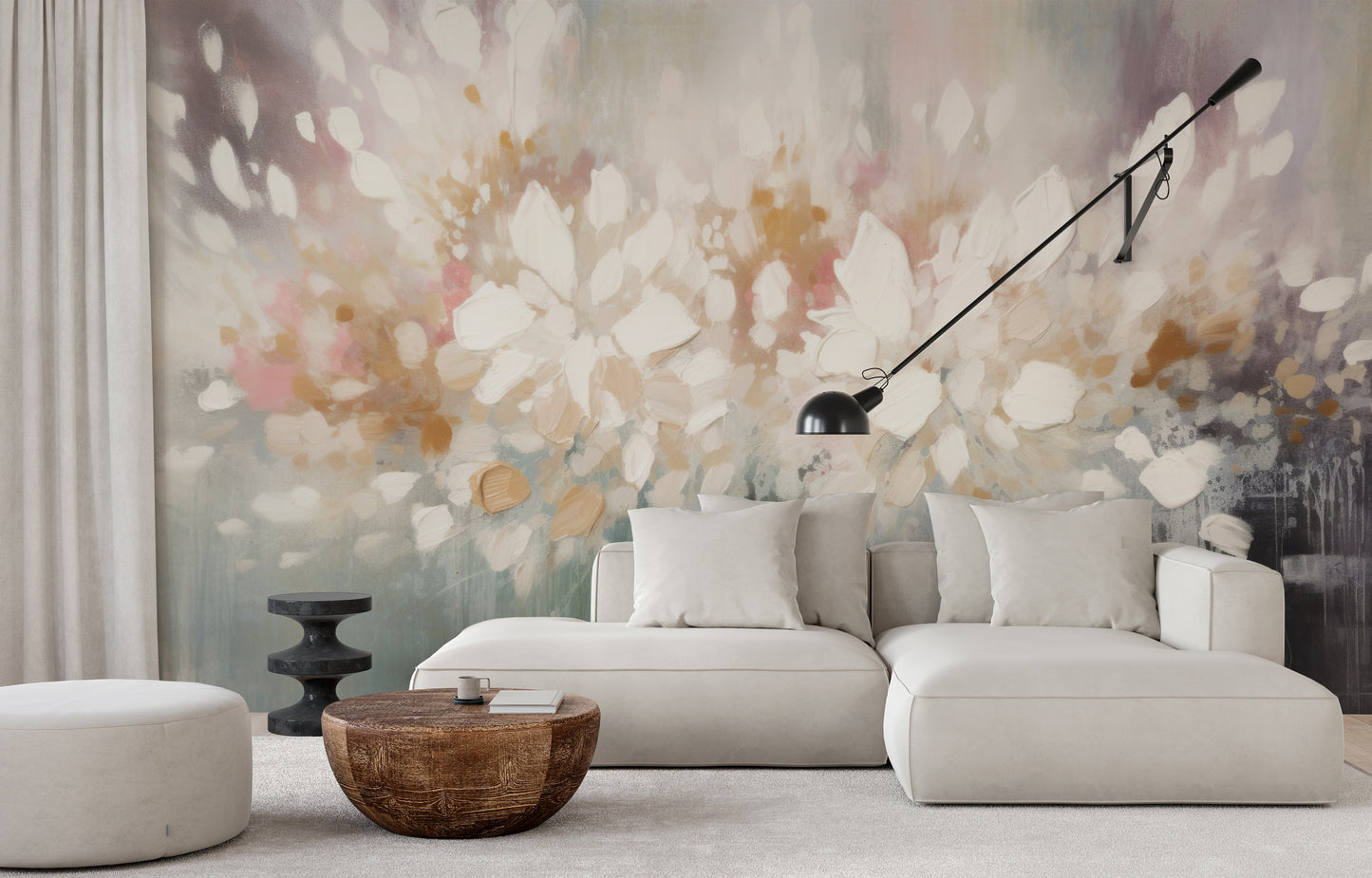 Wzór fototapety o nazwie Luminous Bloom Haze pokazanej w kontekście pomieszczenia.