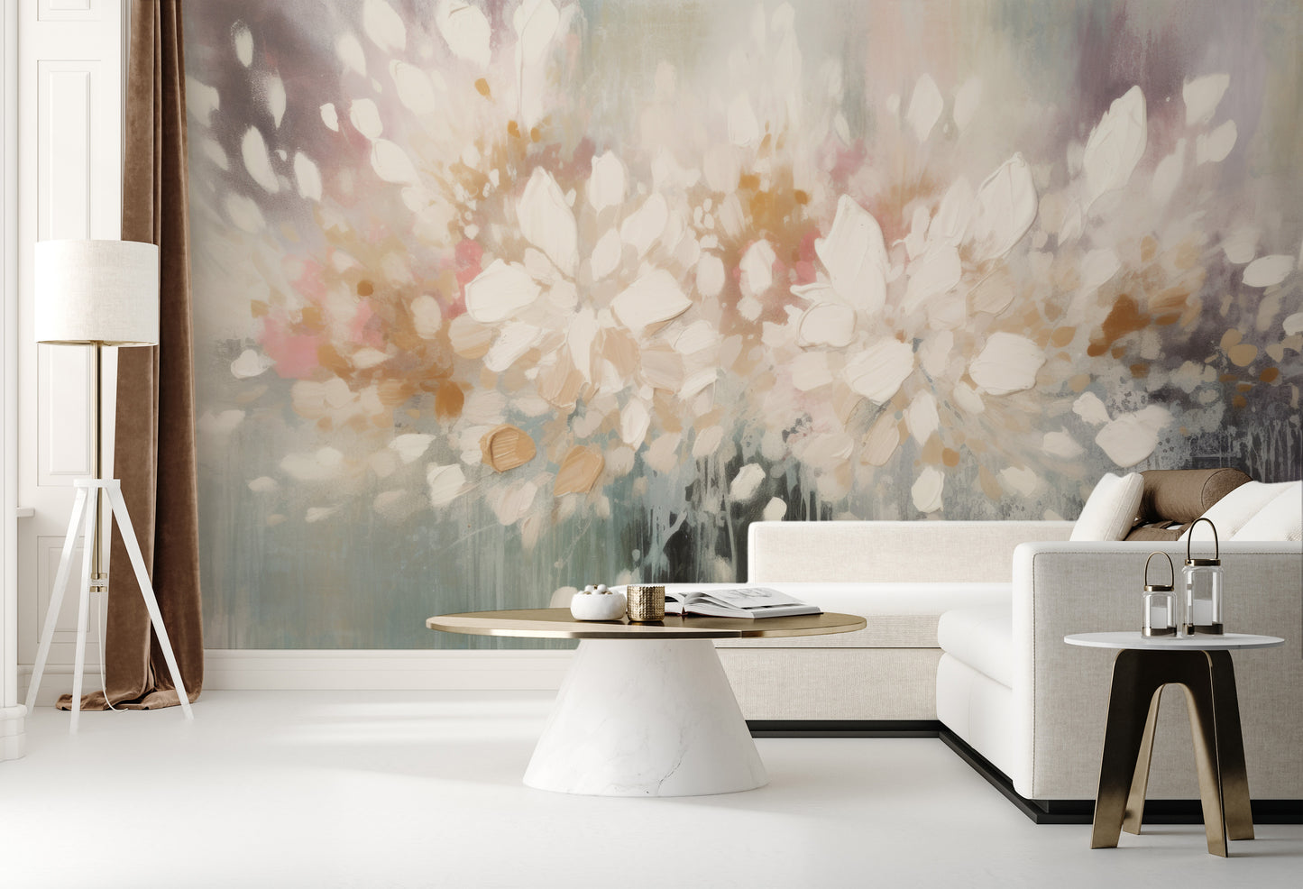 Wzór fototapety artystycznej o nazwie Luminous Bloom Haze pokazanej w aranżacji wnętrza.