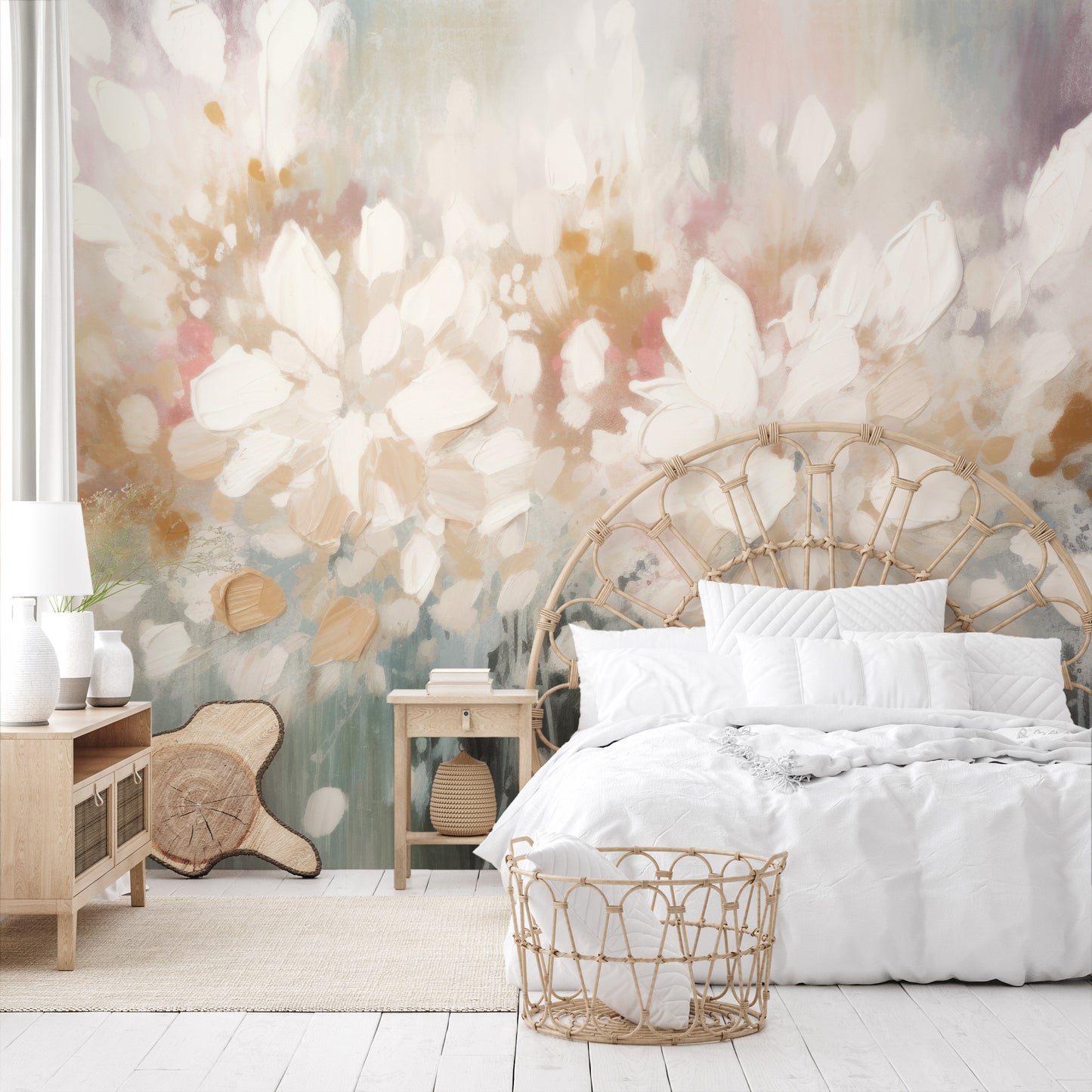 Zdjęcie prezentuje aranżację wnętrza z użyciem fototapety o nazwie Luminous Bloom Haze pokazanej w aranżacji wnętrza.