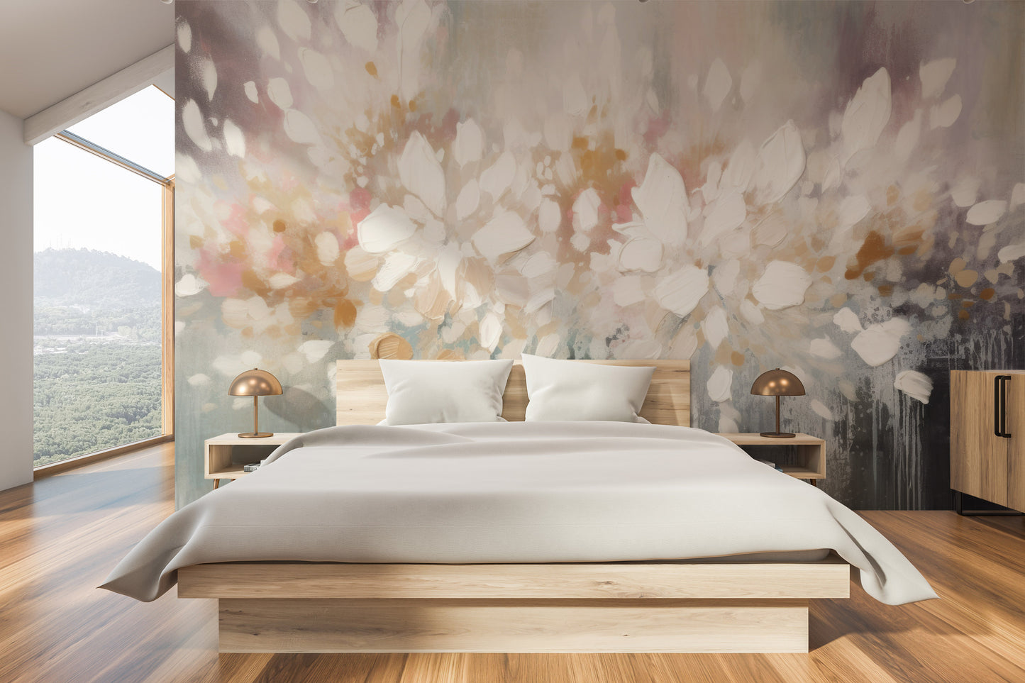 Wzór fototapety malowanej o nazwie Luminous Bloom Haze pokazanej w aranżacji wnętrza.
