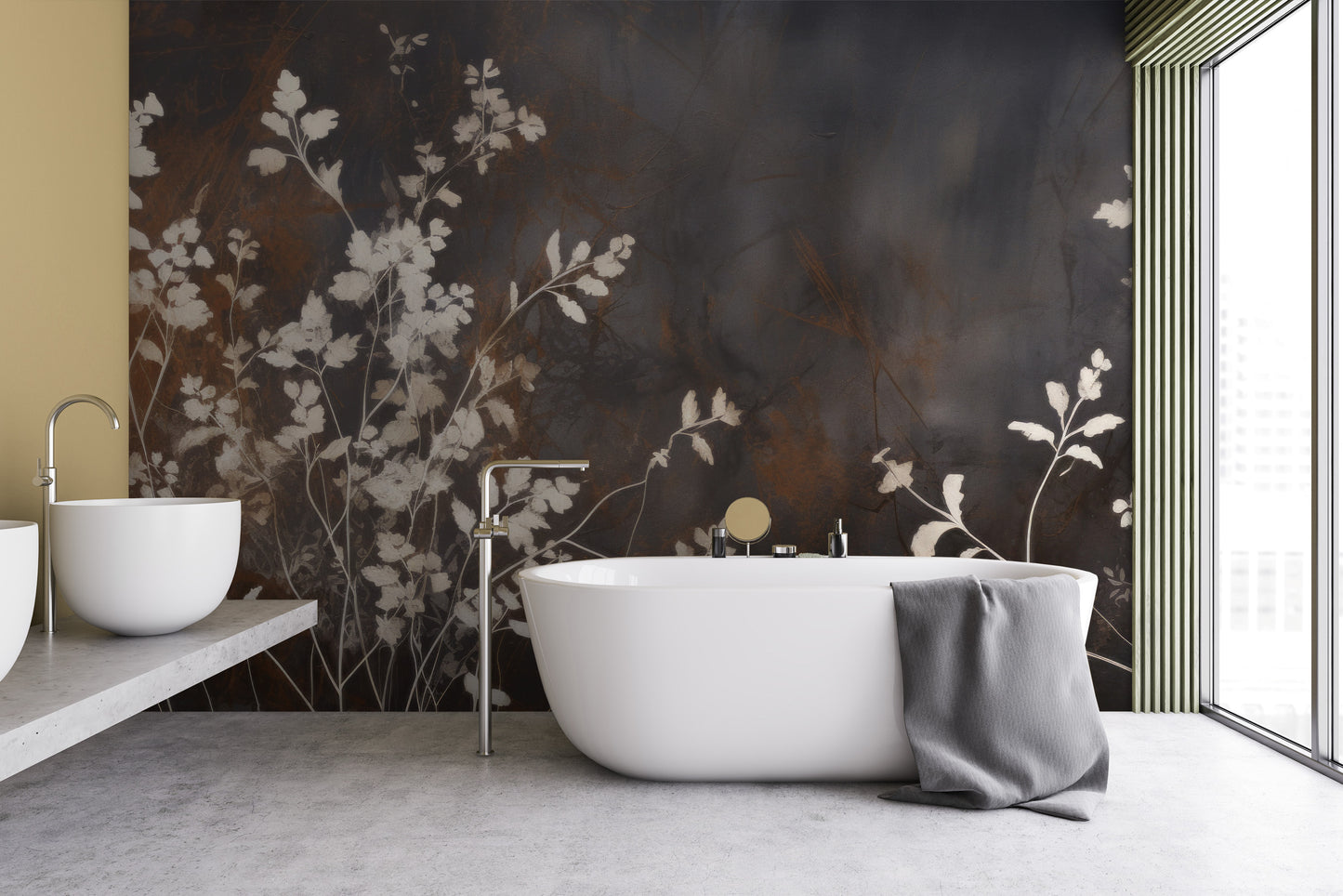 Wzór fototapety o nazwie Elegant Shadow Flora pokazanej w kontekście pomieszczenia.