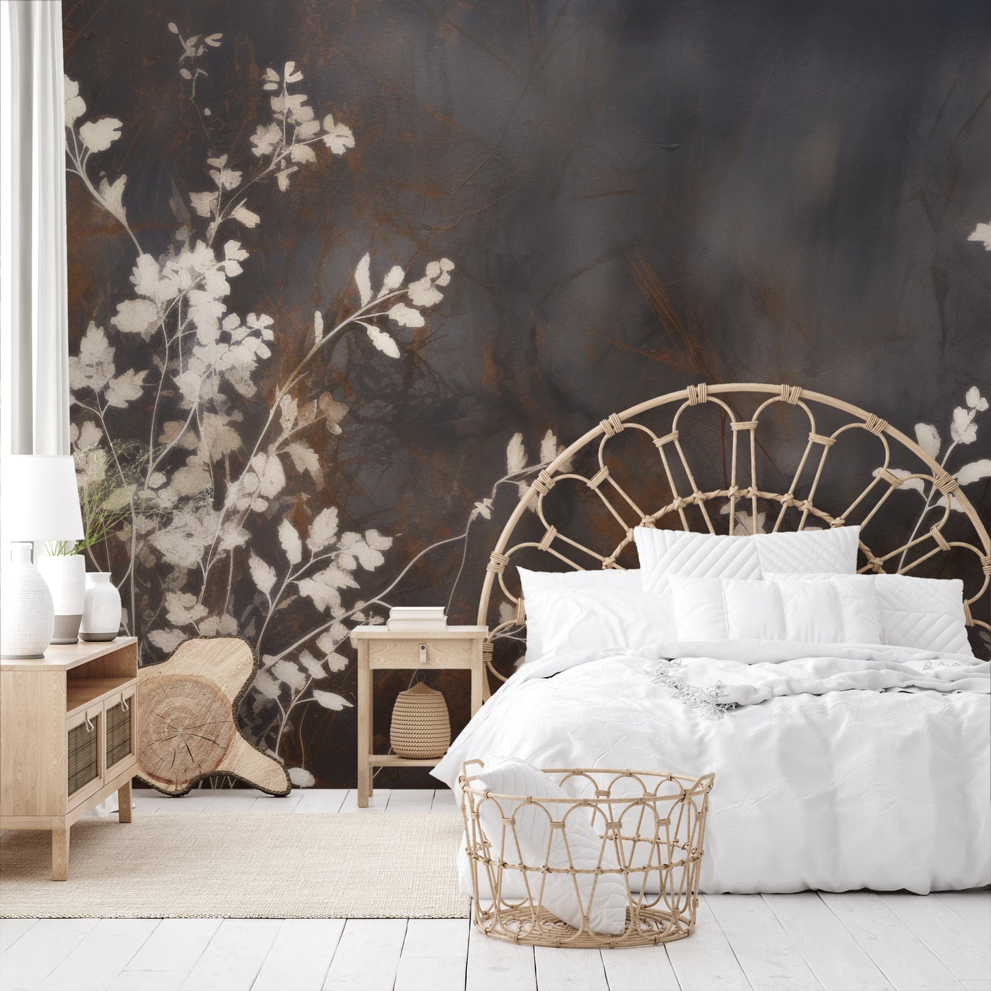 Zdjęcie prezentuje aranżację wnętrza z użyciem fototapety o nazwie Elegant Shadow Flora pokazanej w aranżacji wnętrza.