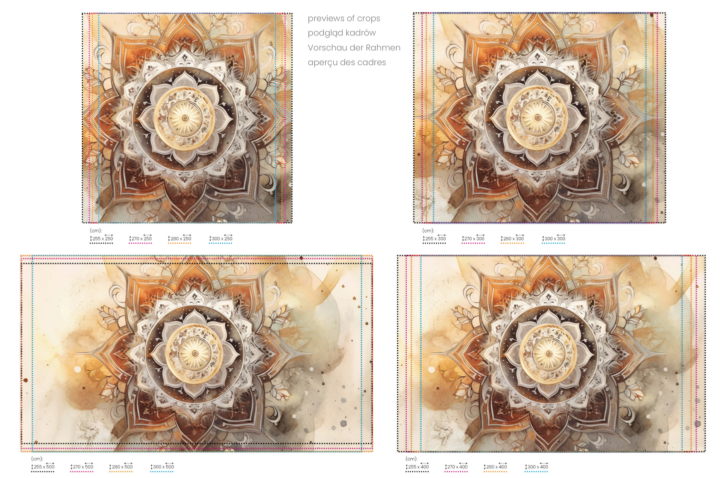 Na obrazie znajduje się prezentacja przykładowych rozmiarów fototapety o nazwie Watercolor Mandala. Rozmiar fototapety jest dowolny.