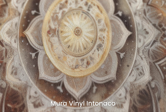 Zbliżenie na artystyczną fototapetę o nazwie Watercolor Mandala na podłożu Mura Vinyl Intonaco - struktura tartego tynku.