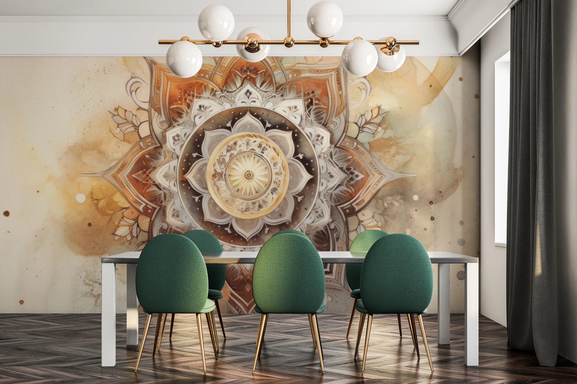 Zdjęcie prezentuje aranżację wnętrza z użyciem fototapety o nazwie Watercolor Mandala pokazanej w aranżacji wnętrza.