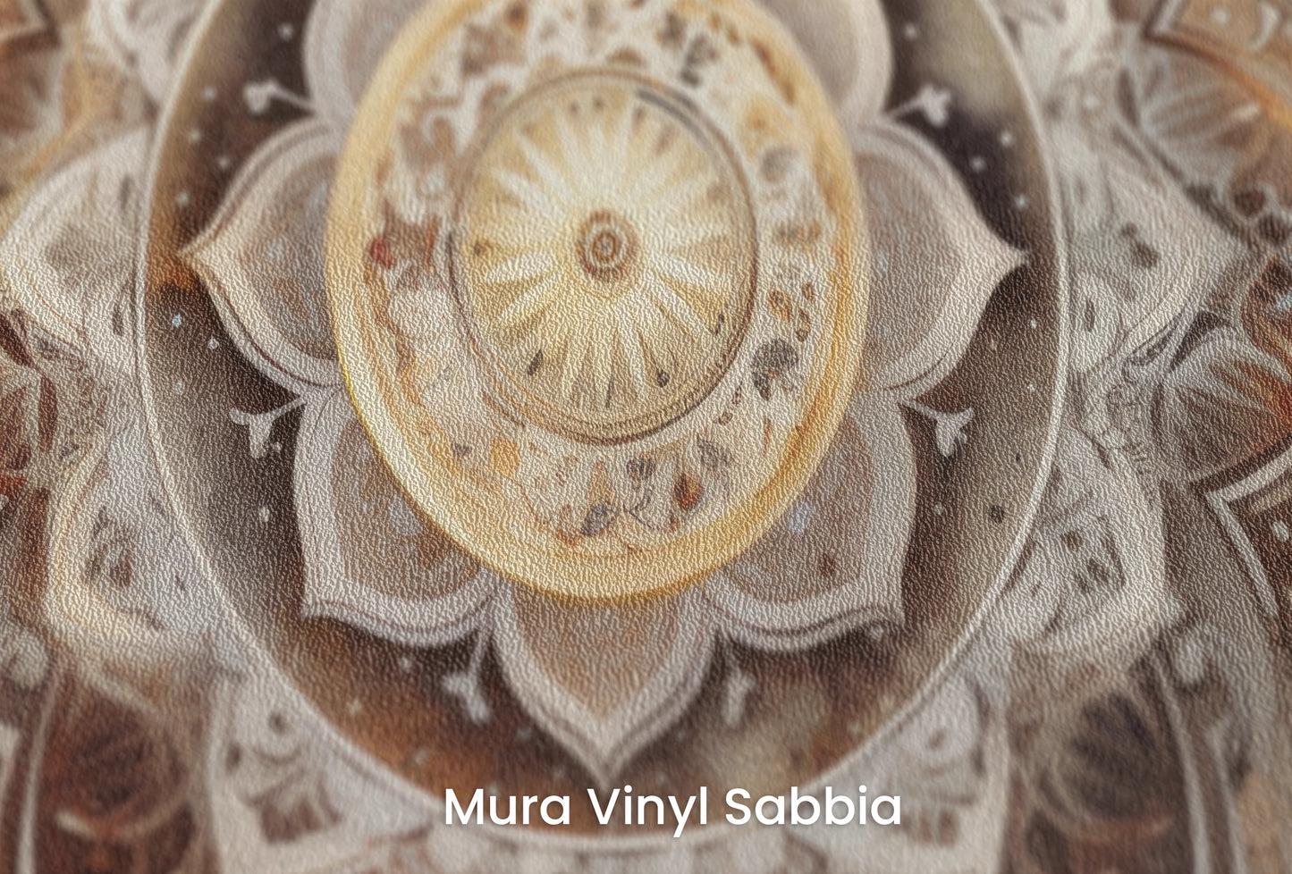 Zbliżenie na artystyczną fototapetę o nazwie Watercolor Mandala na podłożu Mura Vinyl Sabbia struktura grubego ziarna piasku.