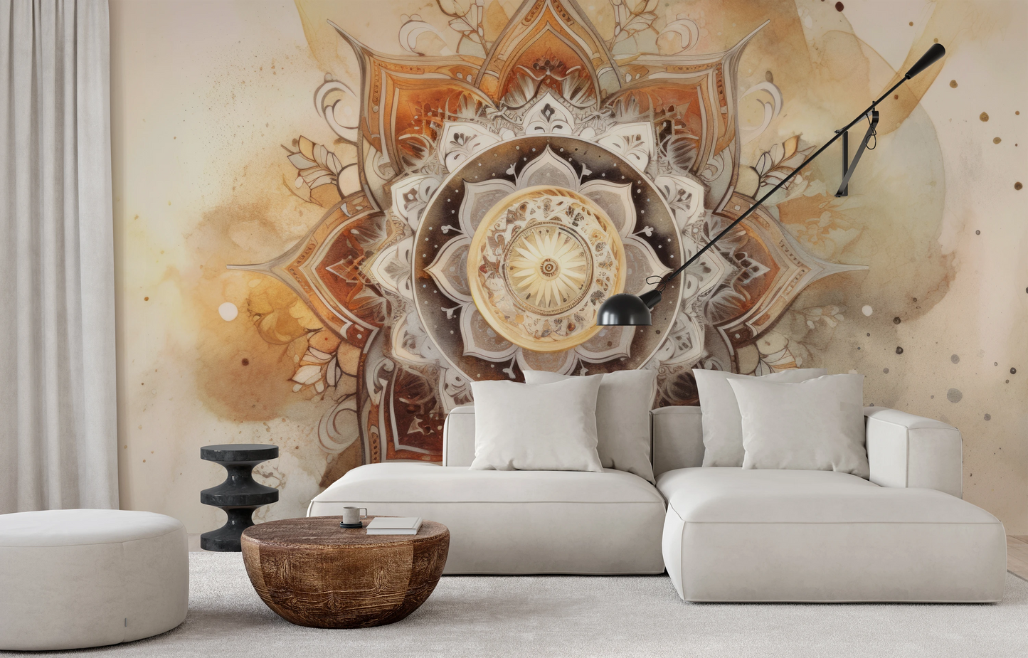 Wzór fototapety o nazwie Watercolor Mandala pokazanej w kontekście pomieszczenia.