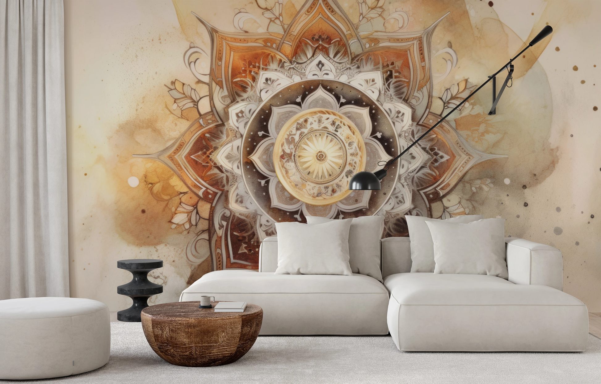 Wzór fototapety o nazwie Watercolor Mandala pokazanej w kontekście pomieszczenia.