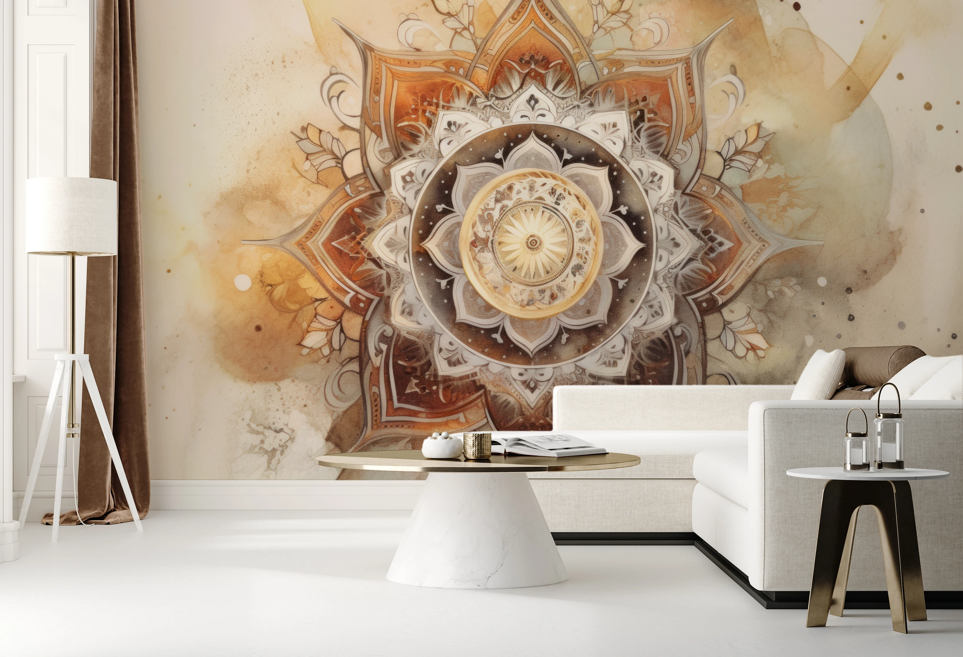 Wzór fototapety malowanej o nazwie Watercolor Mandala pokazanej w aranżacji wnętrza.