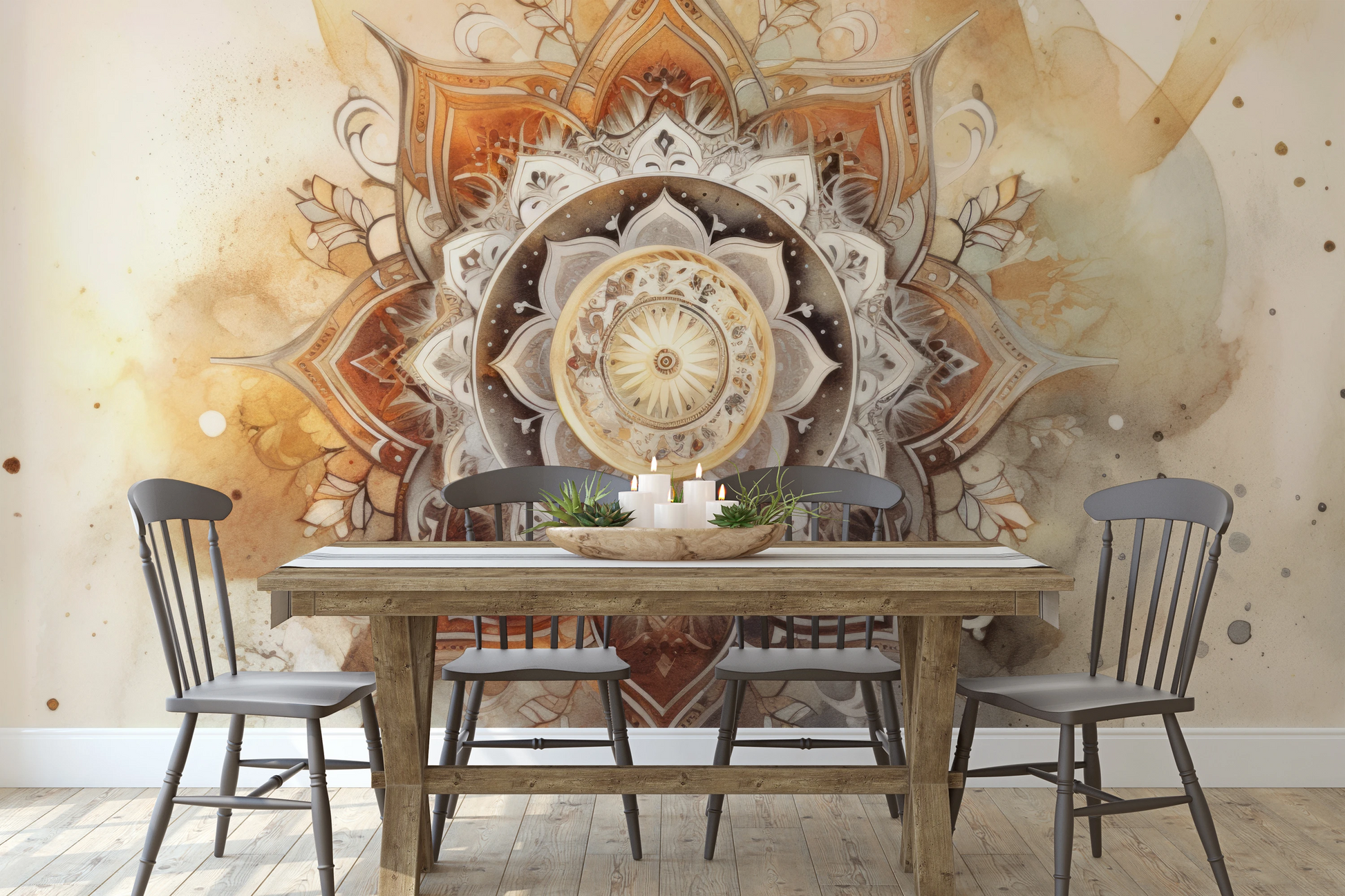 Wzór fototapety artystycznej o nazwie Watercolor Mandala pokazanej w aranżacji wnętrza.