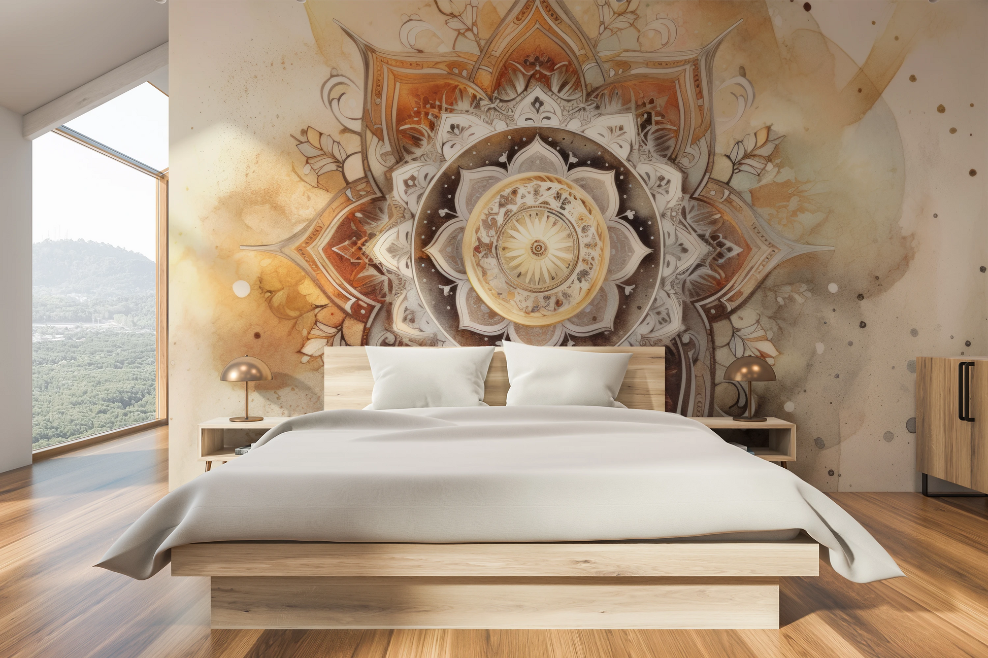 Wzór fototapety artystycznej o nazwie Watercolor Mandala pokazanej w aranżacji wnętrza.