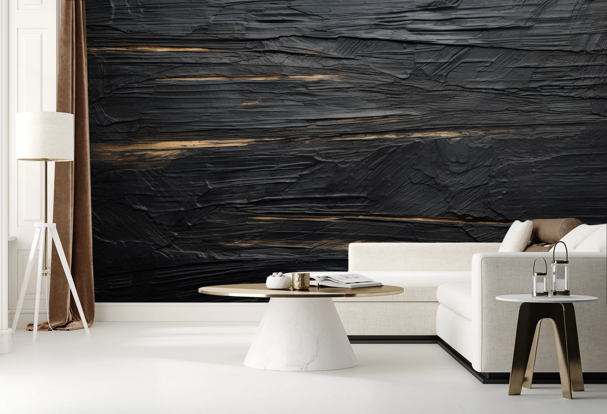 Wzór fototapety o nazwie Black Gold Elegance pokazanej w kontekście pomieszczenia.