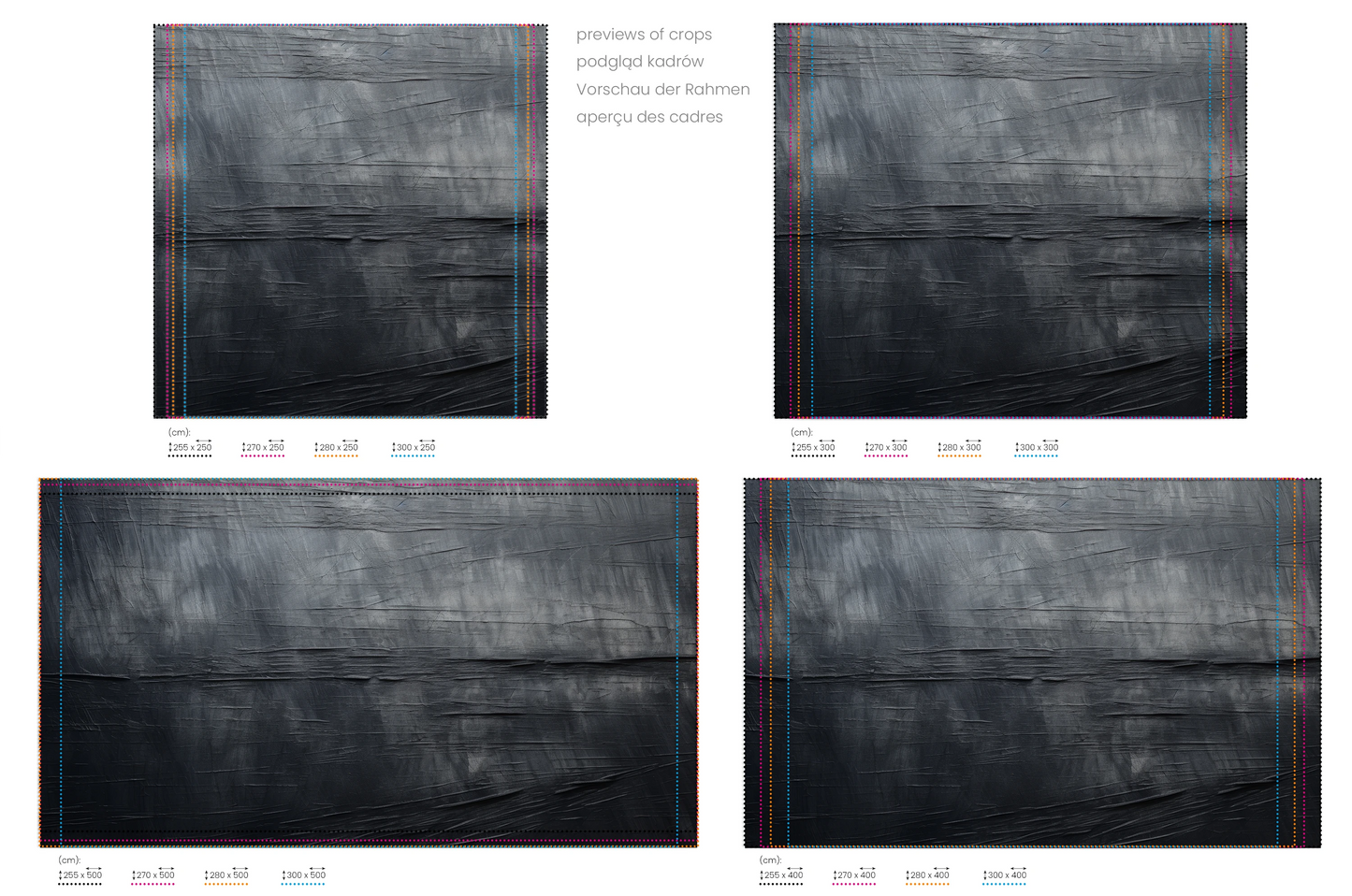 Na obrazie znajduje się prezentacja przykładowych rozmiarów fototapety o nazwie Canvas Grayscale. Rozmiar fototapety jest dowolny.