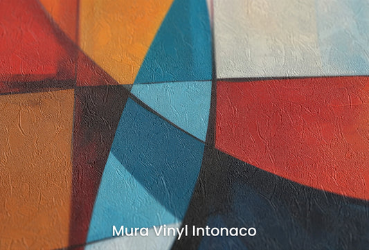 Zbliżenie na artystyczną fototapetę o nazwie Intersecting Orbits na podłożu Mura Vinyl Intonaco - struktura tartego tynku.