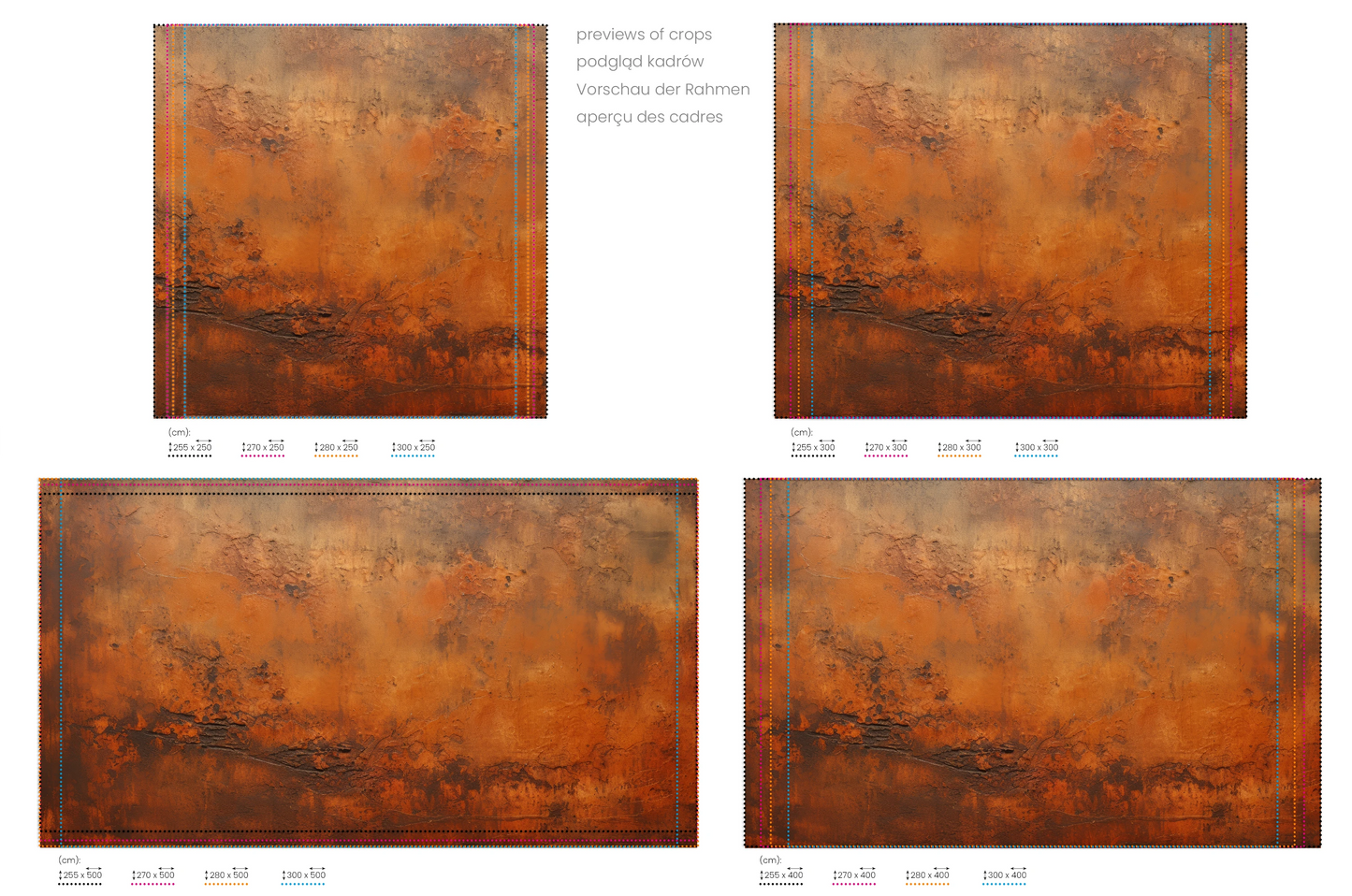 Na obrazie znajduje się prezentacja przykładowych rozmiarów fototapety o nazwie Rustic Copper. Rozmiar fototapety jest dowolny.