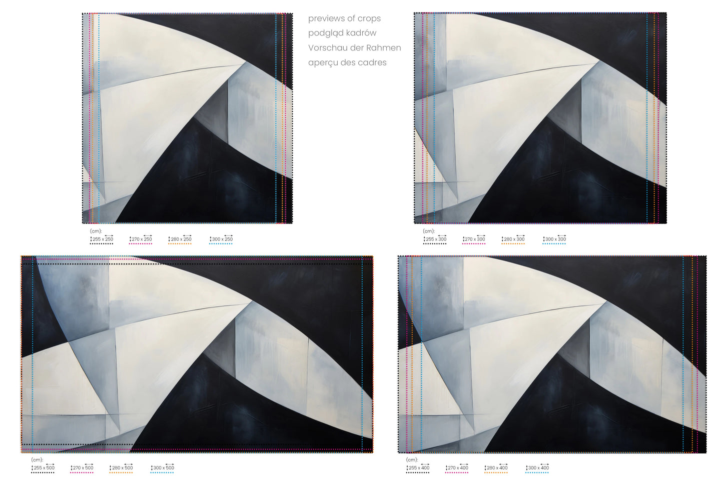 Na obrazie znajduje się prezentacja przykładowych rozmiarów fototapety o nazwie Monochrome Triangle. Rozmiar fototapety jest dowolny.