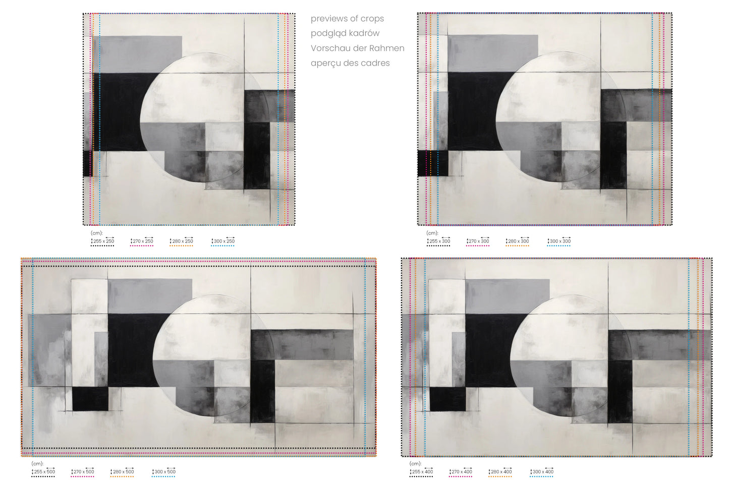 Na obrazie znajduje się prezentacja przykładowych rozmiarów fototapety o nazwie Geometric Harmony #3. Rozmiar fototapety jest dowolny.