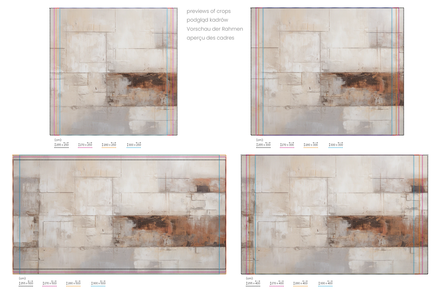 Na obrazie znajduje się prezentacja przykładowych rozmiarów fototapety o nazwie Tarnished Grid. Rozmiar fototapety jest dowolny.