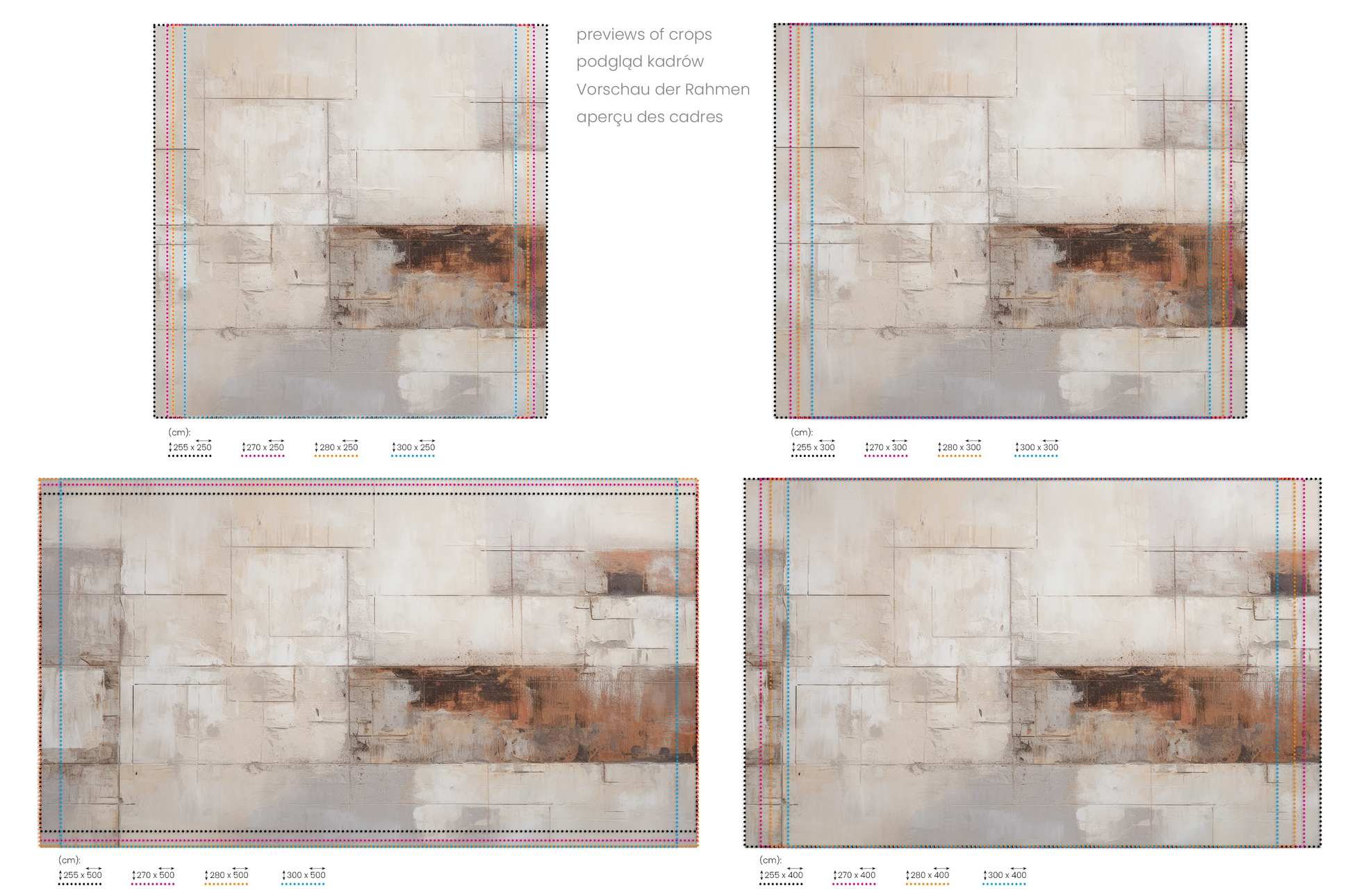 Na obrazie znajduje się prezentacja przykładowych rozmiarów fototapety o nazwie Tarnished Grid. Rozmiar fototapety jest dowolny.