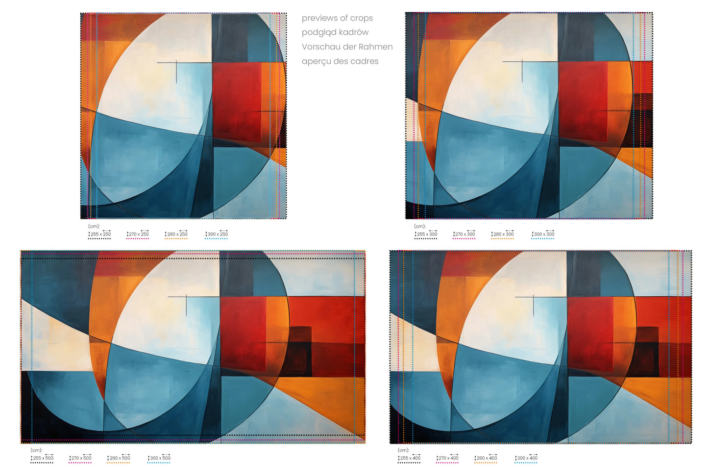 Na obrazie znajduje się prezentacja przykładowych rozmiarów fototapety o nazwie Geometric Intersection. Rozmiar fototapety jest dowolny.