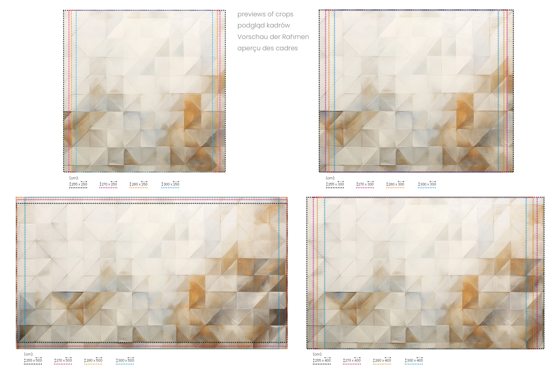 Na obrazie znajduje się prezentacja przykładowych rozmiarów fototapety o nazwie Geometric Tranquility. Rozmiar fototapety jest dowolny.