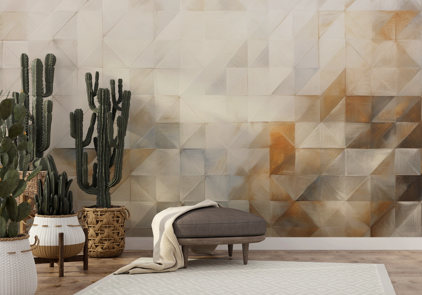 Wzór fototapety artystycznej o nazwie Geometric Tranquility pokazanej w aranżacji wnętrza.