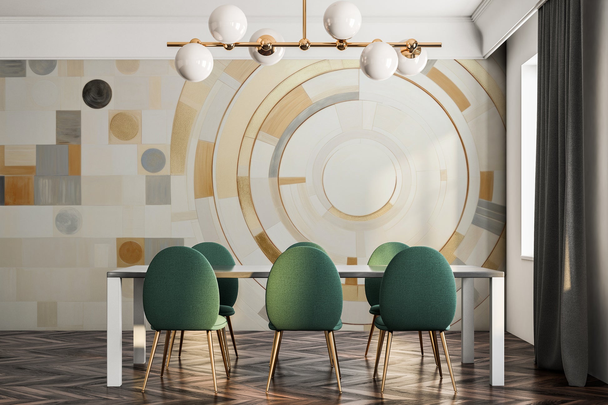 Wzór fototapety artystycznej o nazwie GEOMETRIC ORBITAL MOSAIC pokazanej w aranżacji wnętrza.