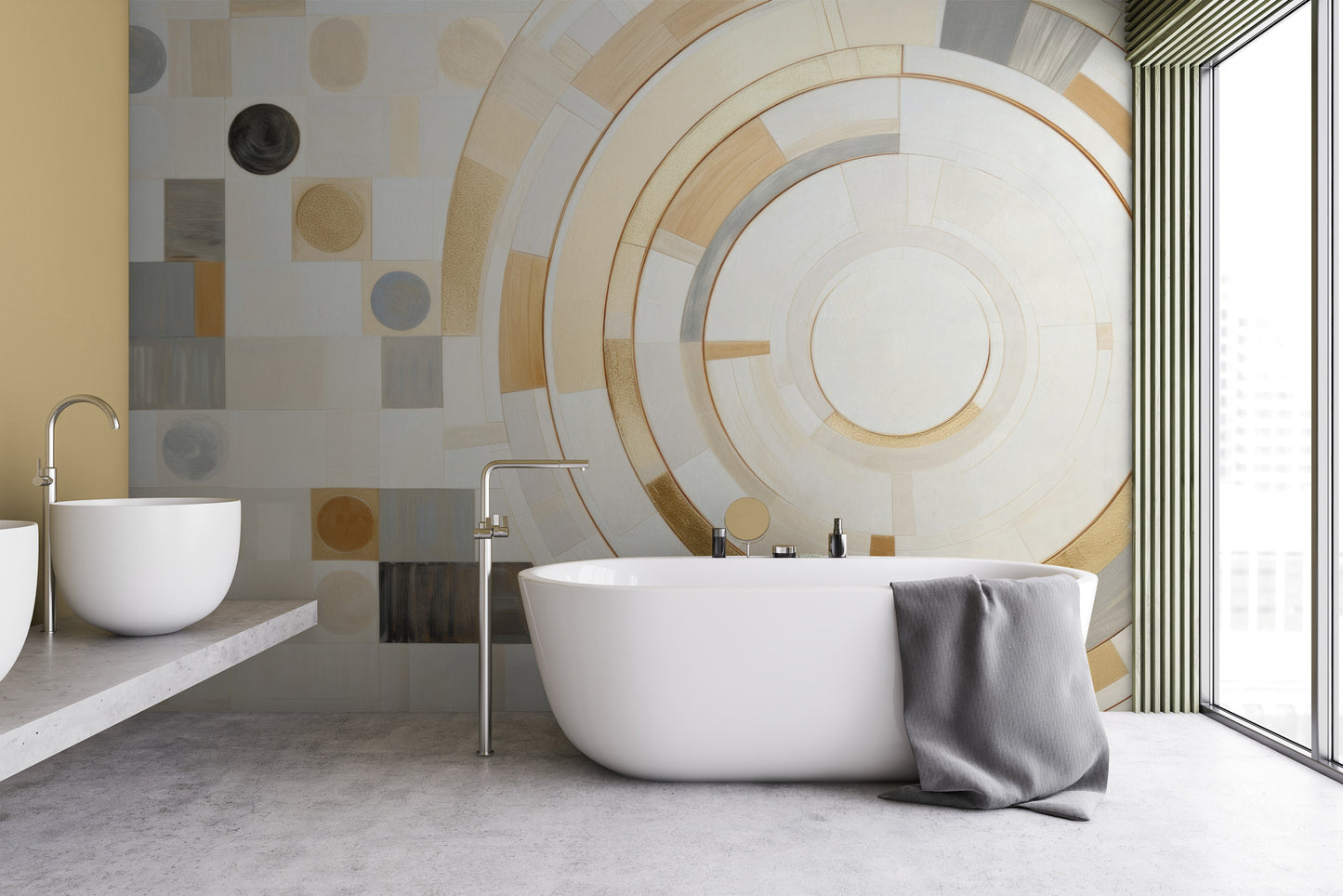 Wzór fototapety o nazwie GEOMETRIC ORBITAL MOSAIC pokazanej w kontekście pomieszczenia.