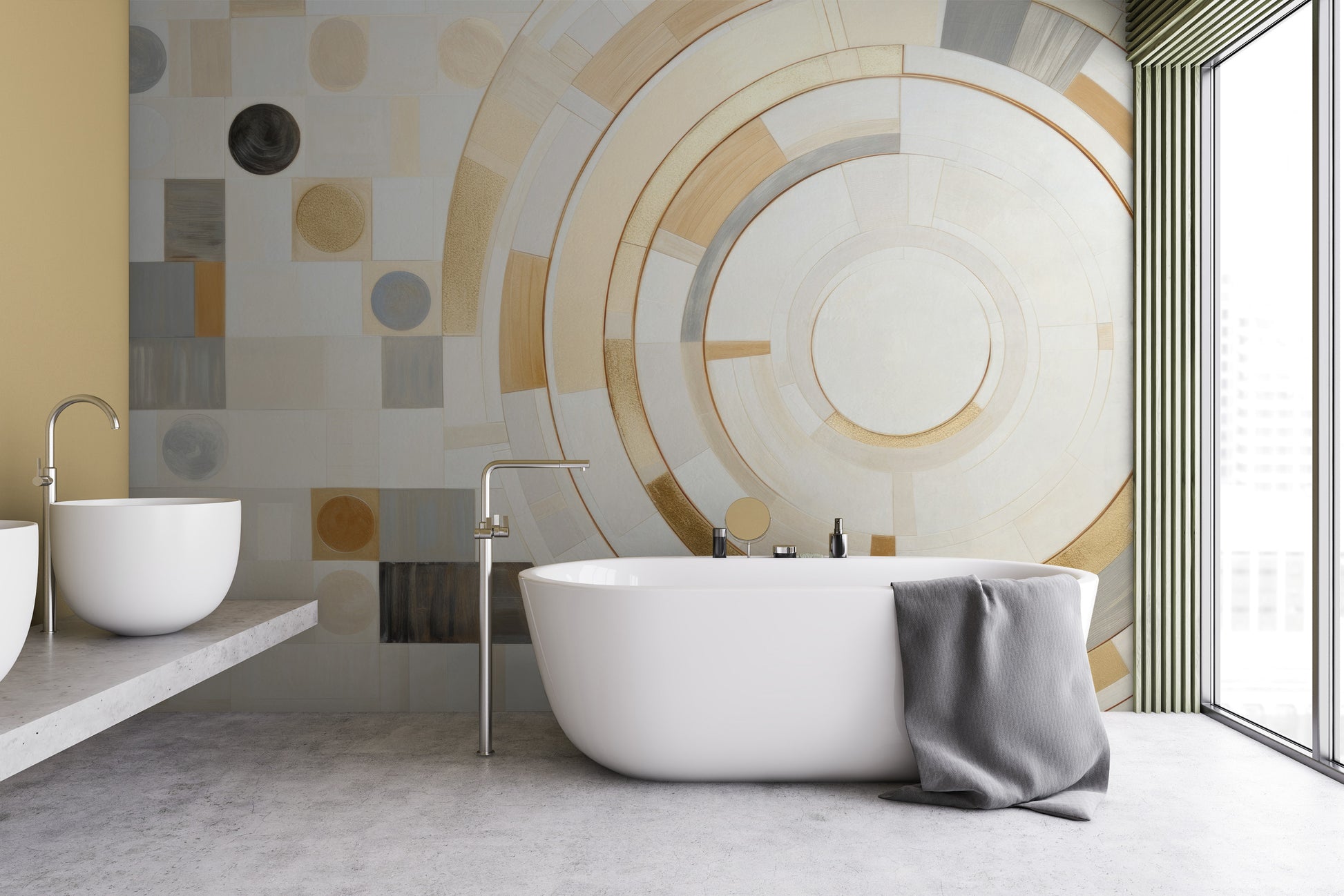 Wzór fototapety o nazwie GEOMETRIC ORBITAL MOSAIC pokazanej w kontekście pomieszczenia.