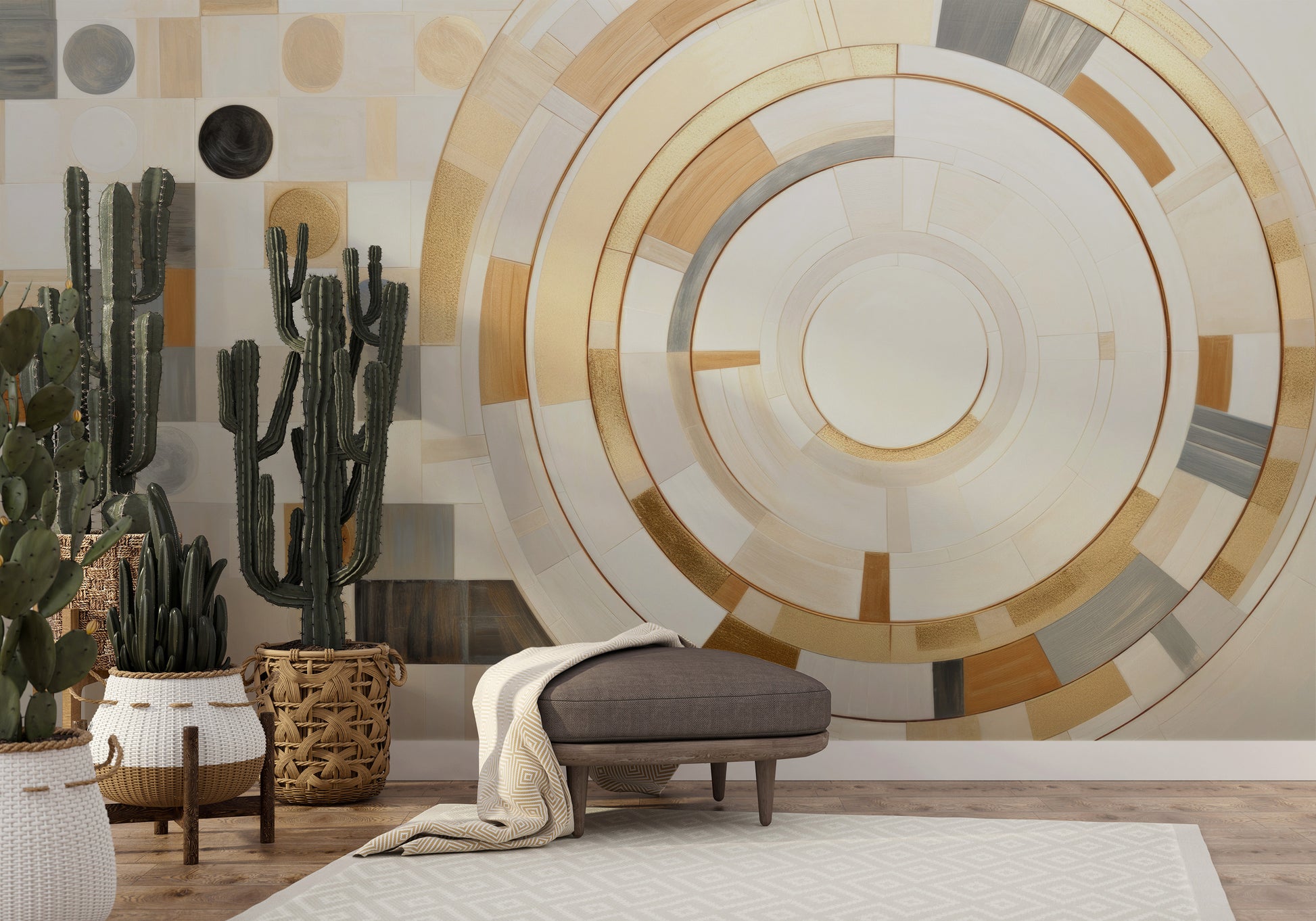 Wzór fototapety malowanej o nazwie GEOMETRIC ORBITAL MOSAIC pokazanej w aranżacji wnętrza.