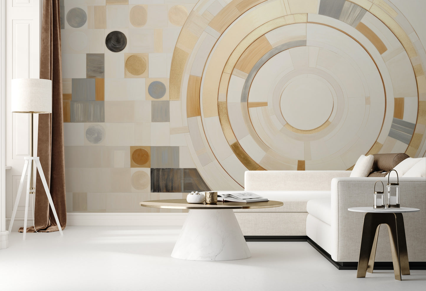 Wzór fototapety artystycznej o nazwie GEOMETRIC ORBITAL MOSAIC pokazanej w aranżacji wnętrza.