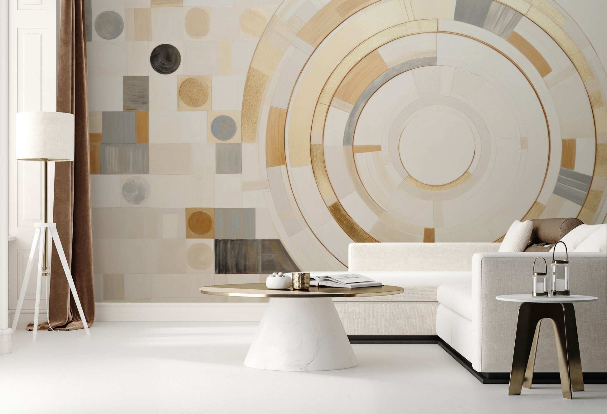 Wzór fototapety artystycznej o nazwie GEOMETRIC ORBITAL MOSAIC pokazanej w aranżacji wnętrza.